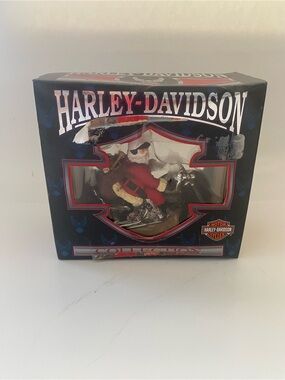 Harley-Davidson Santa Figurine with Red Outfit and Silver Bike